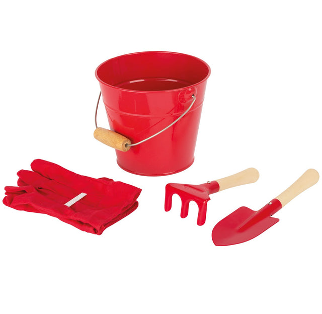 Red Bucket with Tools and Gloves