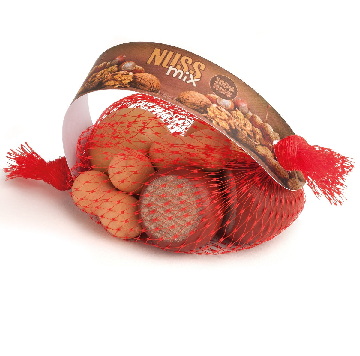 Mixed Wooden Nuts in a Net