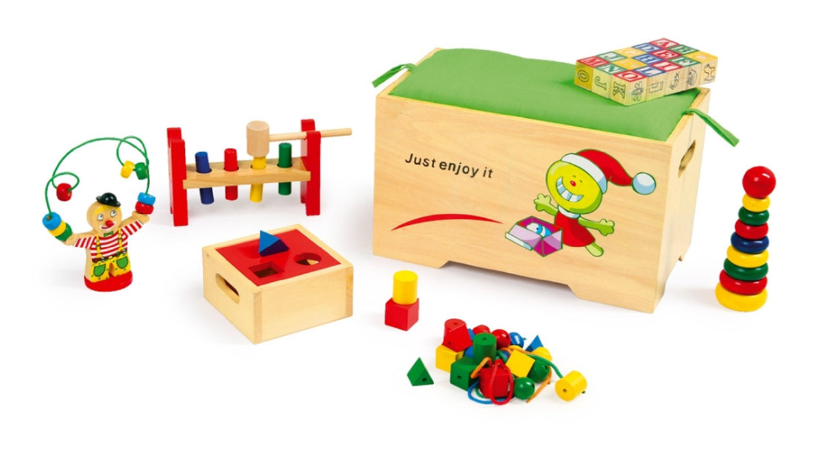 Toy Box and Seat - Includes 6 Wooden Toys