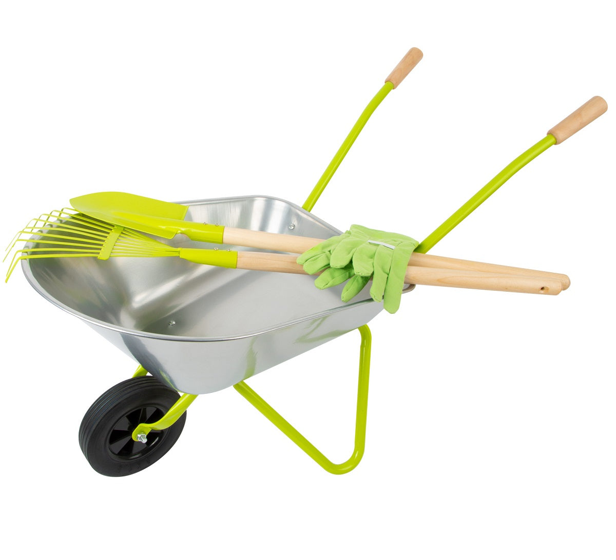 Silver Metal Wheelbarrow With Tools and Gloves