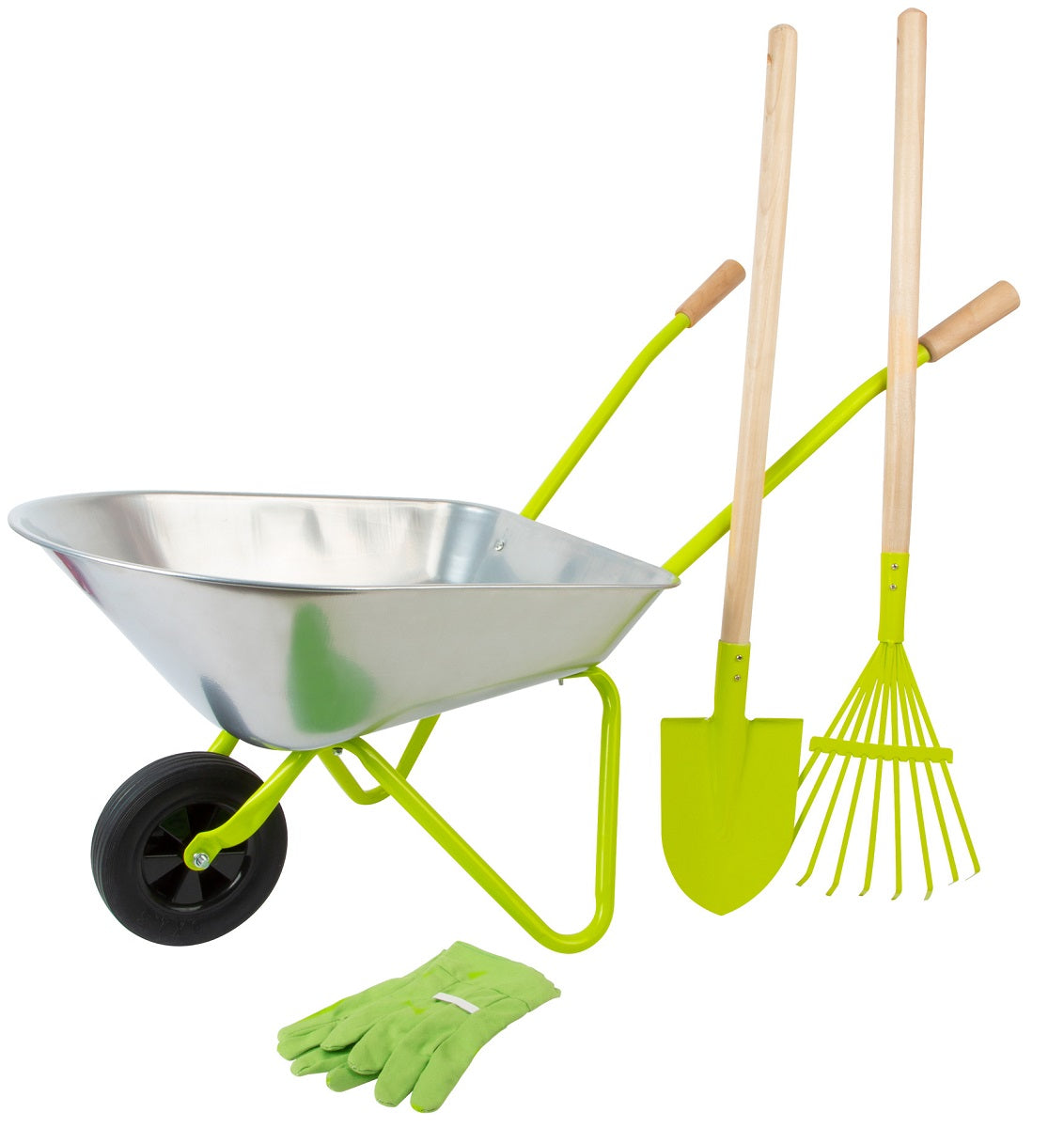 Silver Metal Wheelbarrow With Tools and Gloves