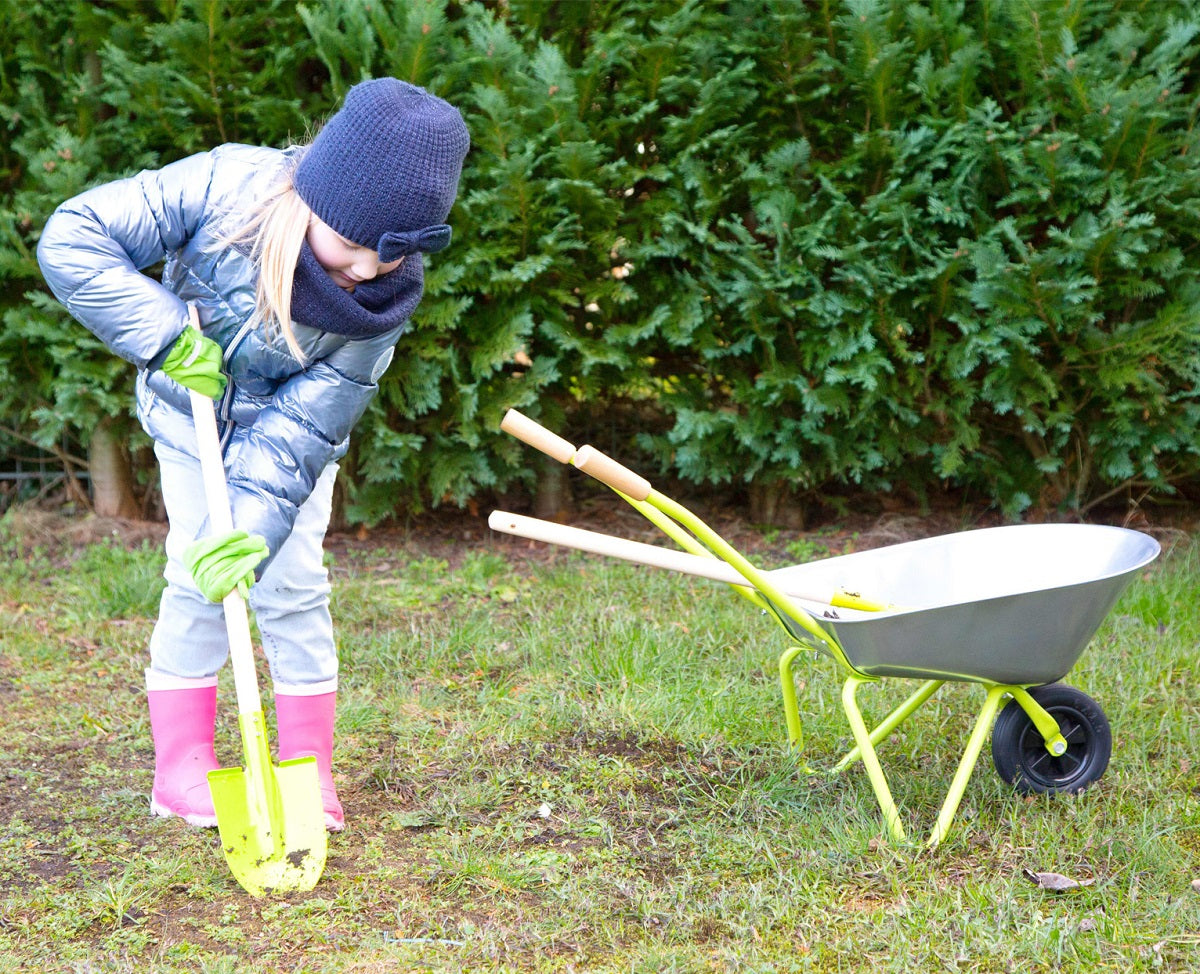 Silver Metal Wheelbarrow With Tools and Gloves