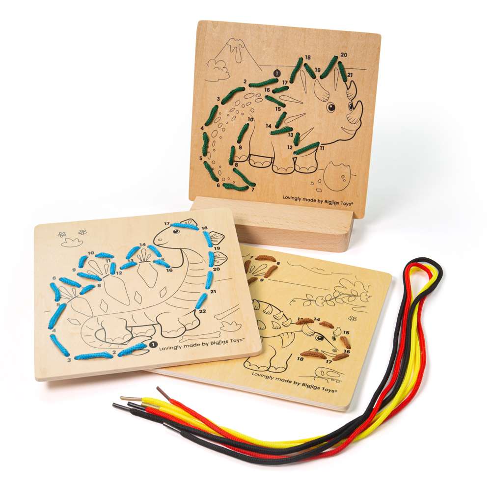 Bigjigs Toys Wooden Dinosaur Lacing by Numbers Educational Toy for Toddlers