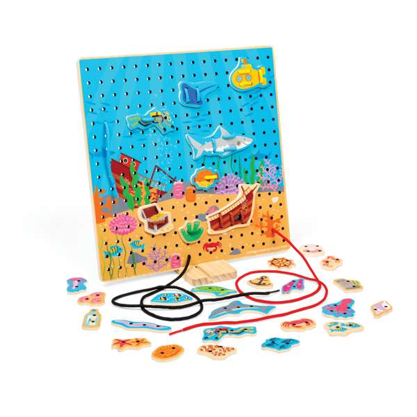 Bigjigs Toys Marine Lace-a-Shape Wooden Threading Game for Toddlers with 30 Shapes and 6 Laces