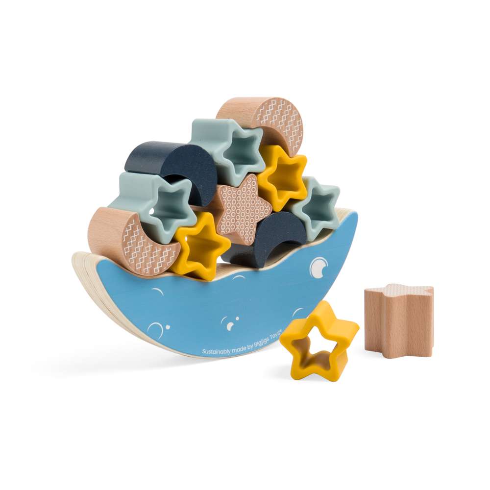 Bigjigs Toys Simply Scandi Moon Balance Stacker Silicone and Wooden Stacking Toy 13 Pieces