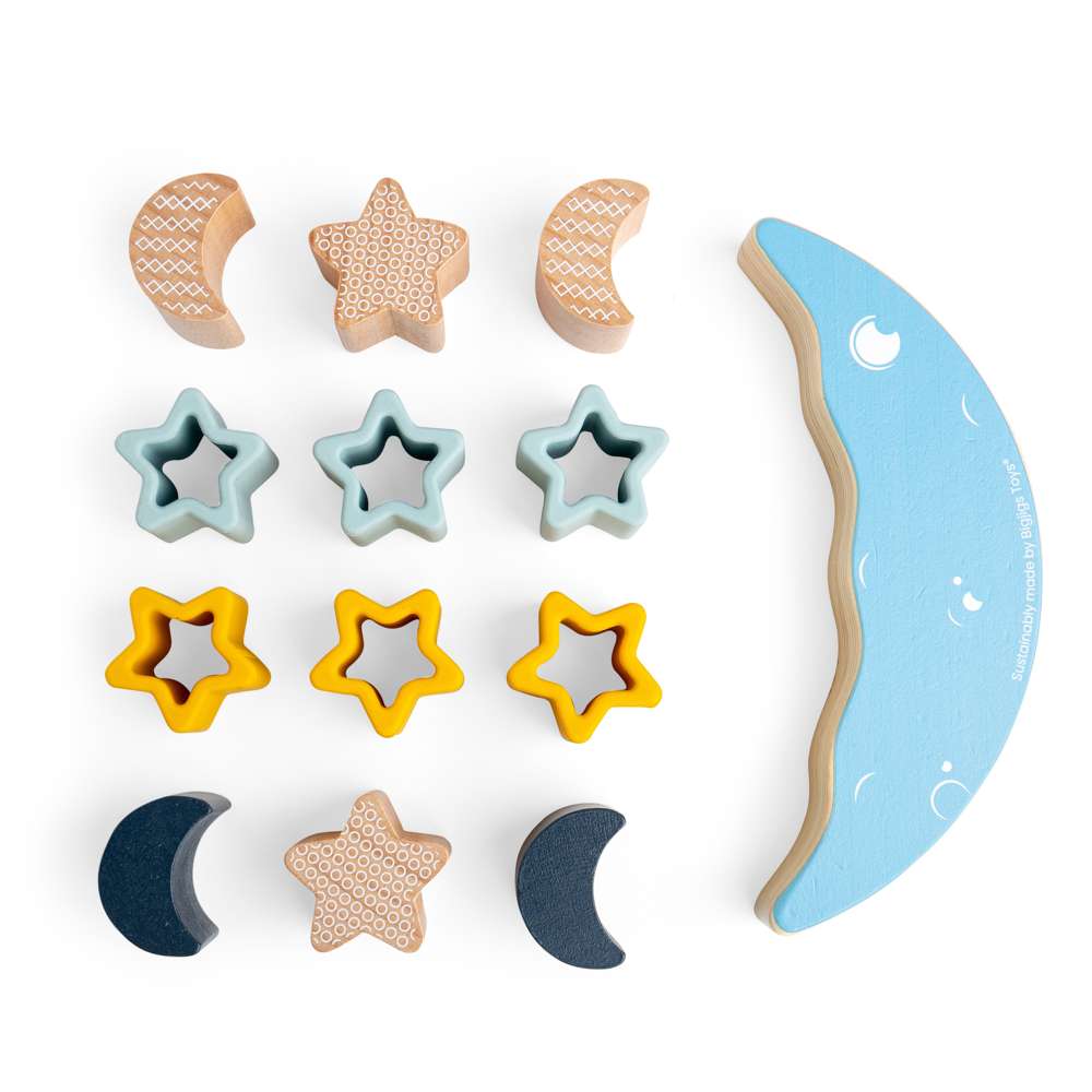 Bigjigs Toys Simply Scandi Moon Balance Stacker Silicone and Wooden Stacking Toy 13 Pieces