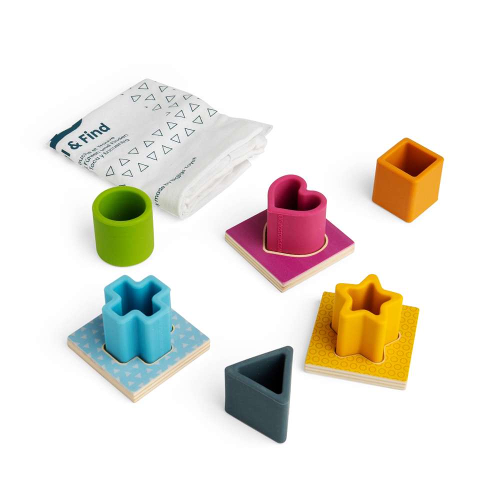 Bigjigs Toys Simply Scandi Feel and Find Silicone and Wooden Shape Sorter Game 9 Pieces