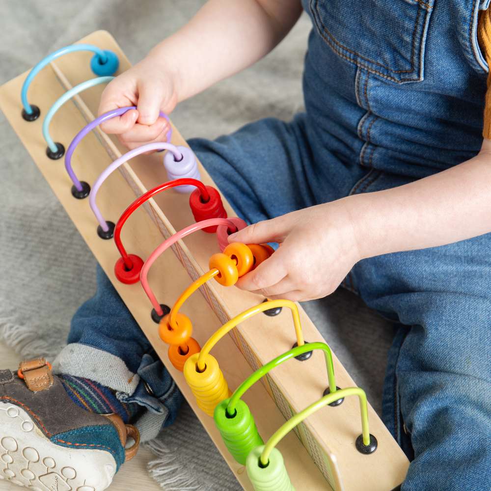 Bigjigs Toys Wooden Rainbow Counting Abacus Maths Toy with 55 Beads and Tray
