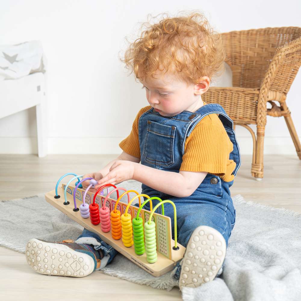 Bigjigs Toys Wooden Rainbow Counting Abacus Maths Toy with 55 Beads and Tray