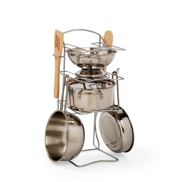Bigjigs Toys Cooking Pot Rack 8 Piece Kids Play Kitchen Accessories Set 2 Years Plus