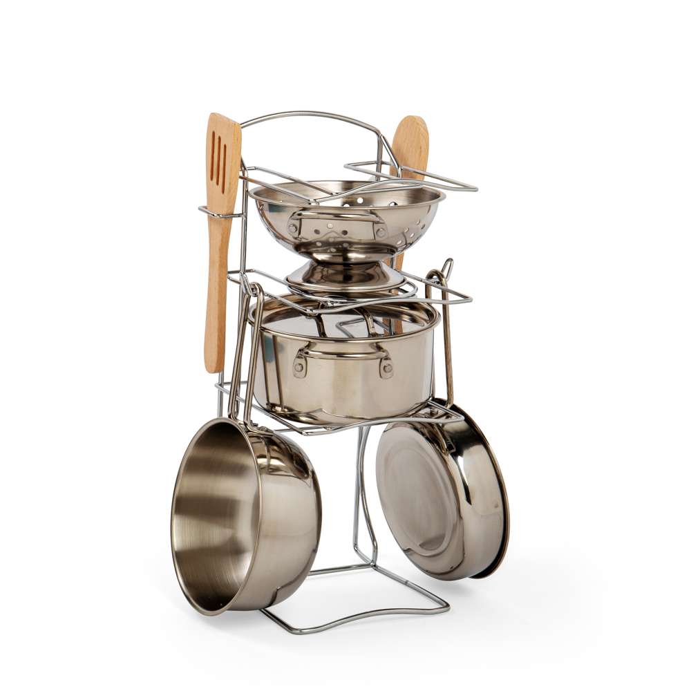 Bigjigs Toys Cooking Pot Rack 8 Piece Kids Play Kitchen Accessories Set 2 Years Plus