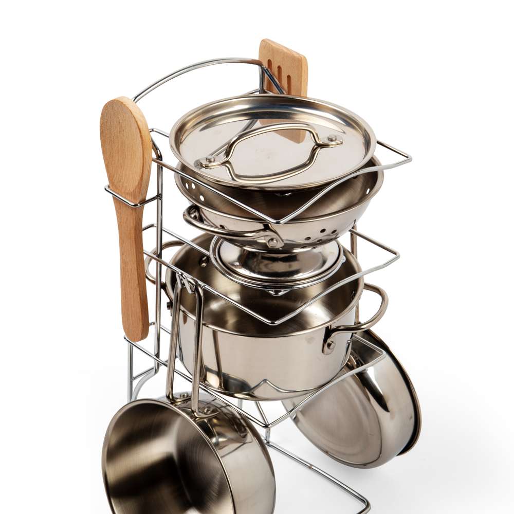 Bigjigs Toys Cooking Pot Rack 8 Piece Kids Play Kitchen Accessories Set 2 Years Plus