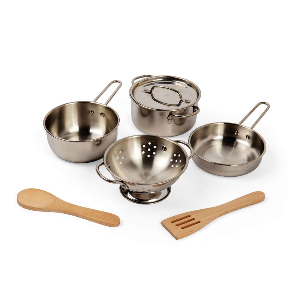 Bigjigs Toys Cooking Pot Rack 8 Piece Kids Play Kitchen Accessories Set 2 Years Plus