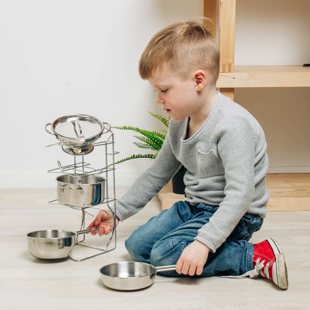 Bigjigs Toys Cooking Pot Rack 8 Piece Kids Play Kitchen Accessories Set 2 Years Plus
