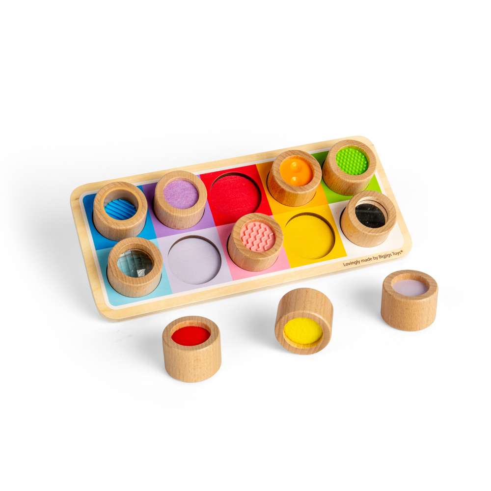 Bigjigs Toys Wooden Rainbow Sensory Board Activity Centre with 10 Textured Pieces
