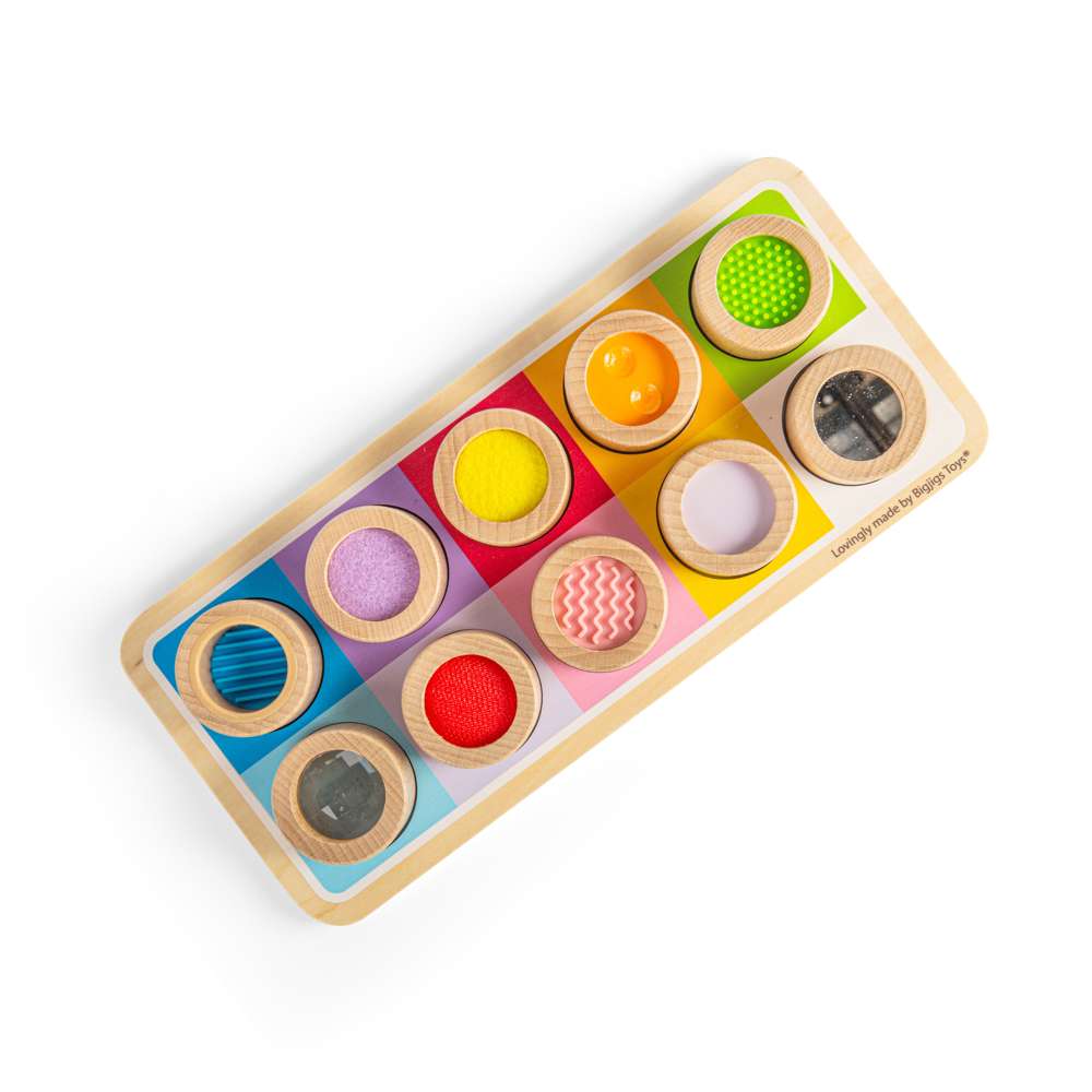 Bigjigs Toys Wooden Rainbow Sensory Board Activity Centre with 10 Textured Pieces