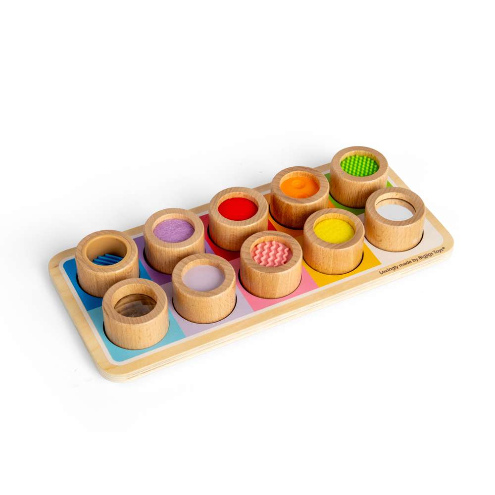 Bigjigs Toys Wooden Rainbow Sensory Board Activity Centre with 10 Textured Pieces