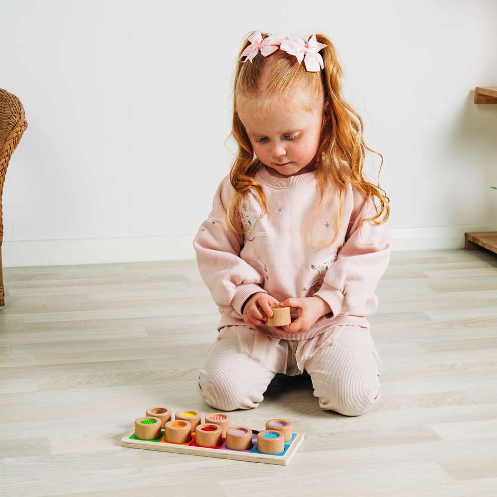 Bigjigs Toys Wooden Rainbow Sensory Board Activity Centre with 10 Textured Pieces
