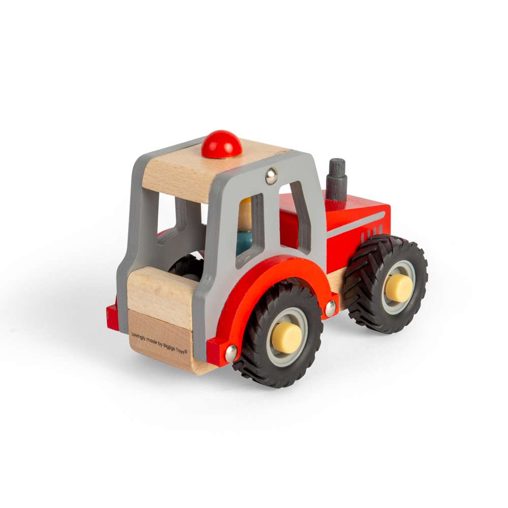 Bigjigs Toys Wooden Mini Red Tractor with Farmer Figure for 12 Months Plus
