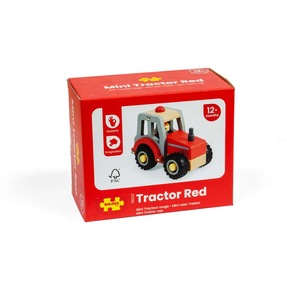 Bigjigs Toys Wooden Mini Red Tractor with Farmer Figure for 12 Months Plus