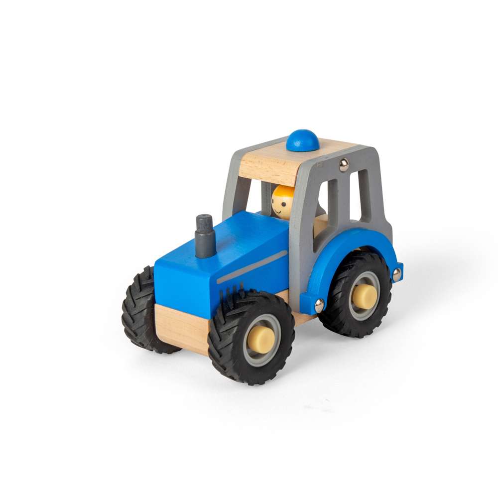 Bigjigs Toys Mini Blue Tractor Wooden Toy with Farmer Figure for 12 Months Plus