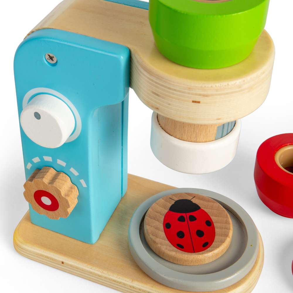 Bigjigs Toys Wooden Microscope for Kids with 14 Play Pieces and 3 Lenses