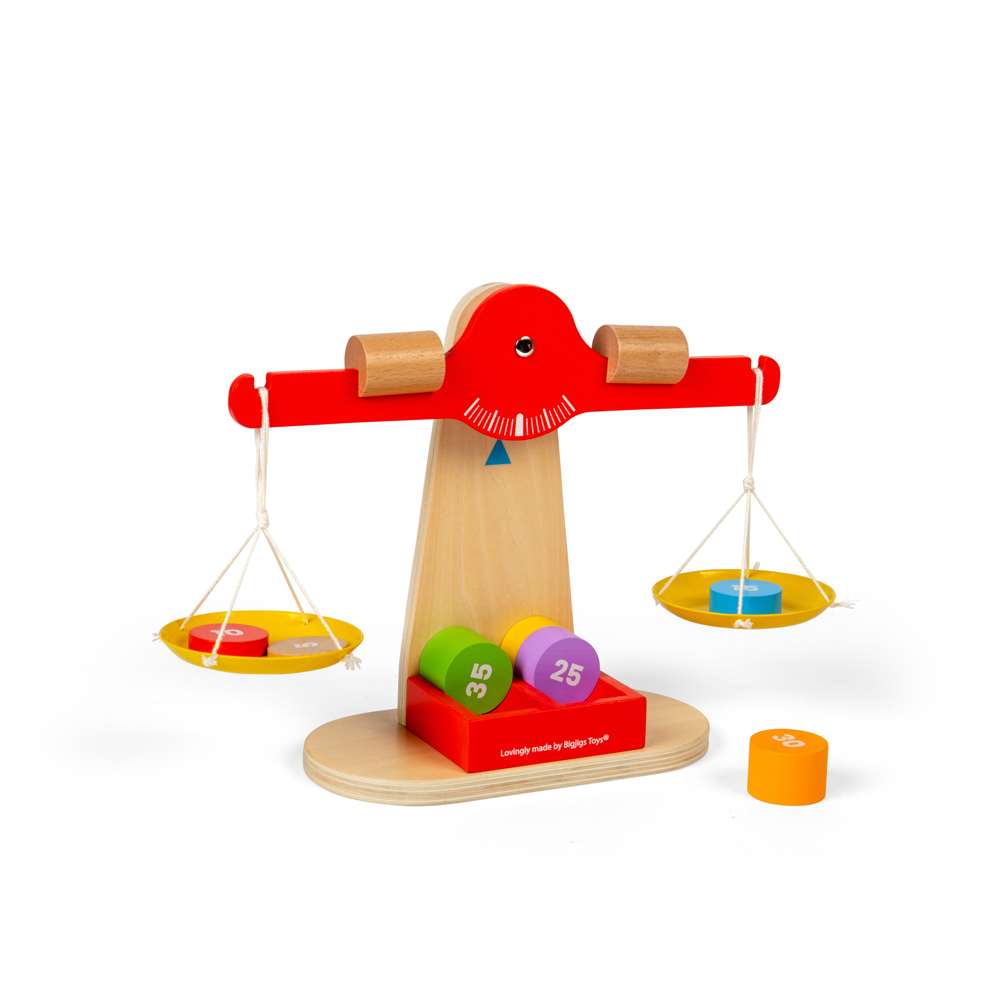 Bigjigs Toys Wooden Balancing Scales with 7 Weighted Disks STEM Toy Kitchen Accessory