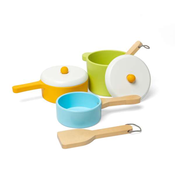 Bigjigs Toys Wooden Pots and Pans Set 7 Pieces Kids Kitchen Role Play Toy
