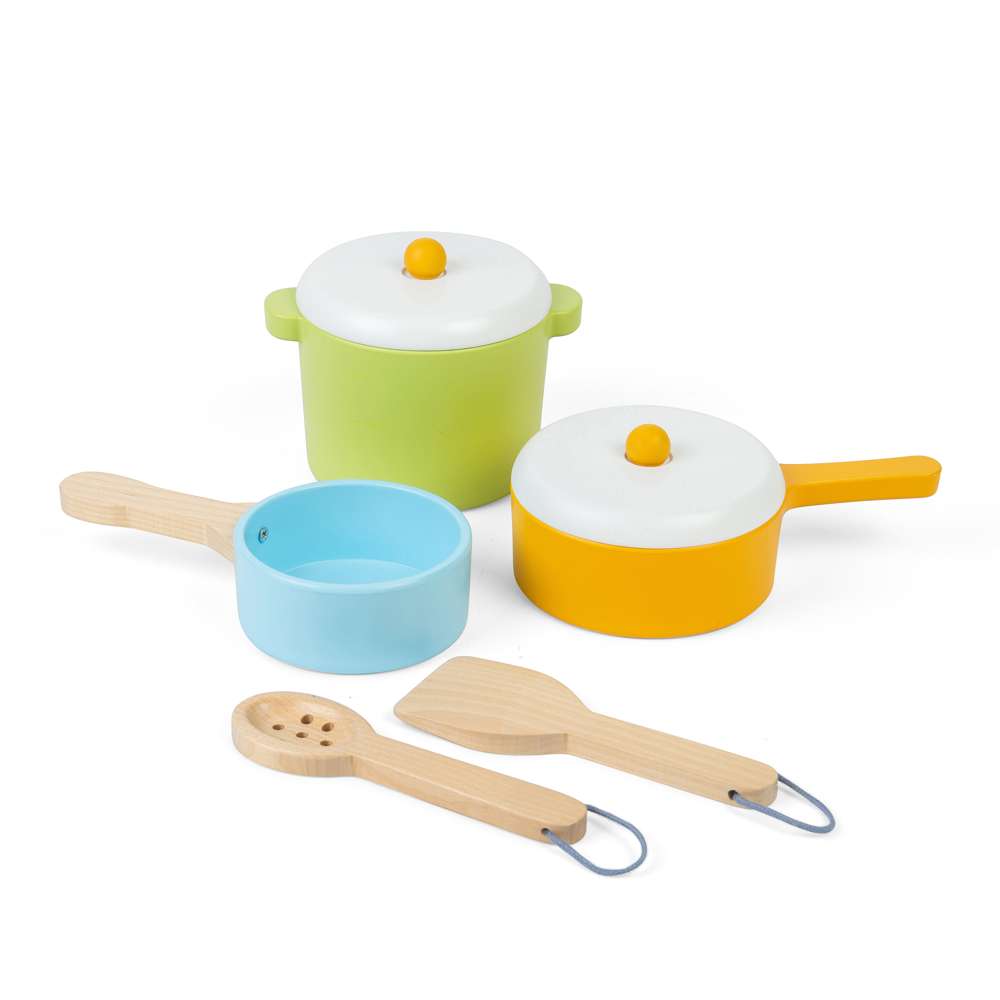 Bigjigs Toys Wooden Pots and Pans Set 7 Pieces Kids Kitchen Role Play Toy