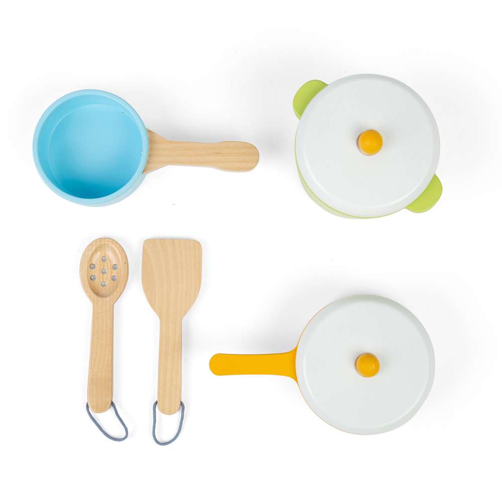 Bigjigs Toys Wooden Pots and Pans Set 7 Pieces Kids Kitchen Role Play Toy