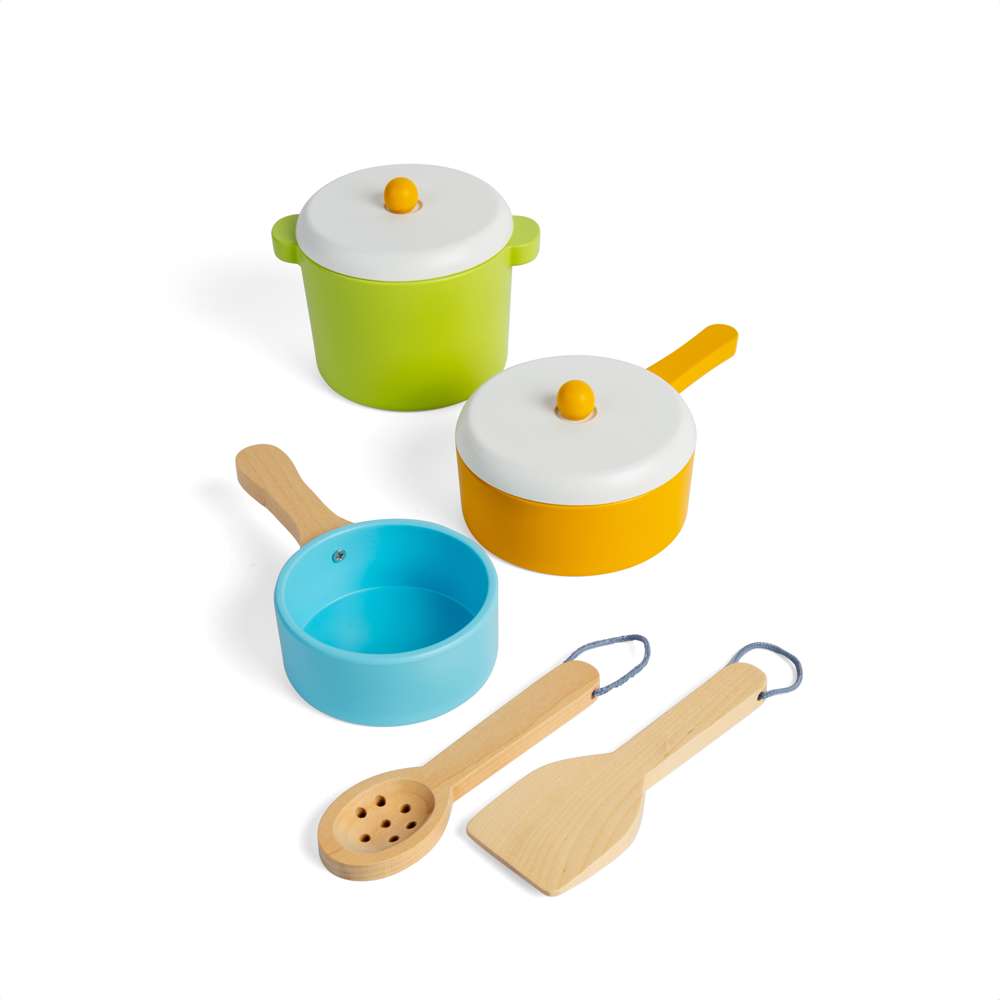 Bigjigs Toys Wooden Pots and Pans Set 7 Pieces Kids Kitchen Role Play Toy