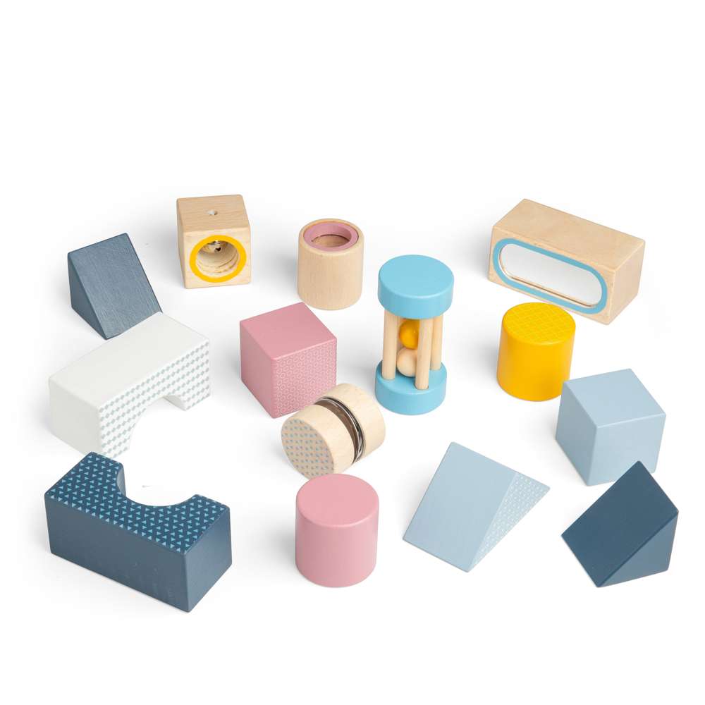 Bigjigs Toys Wooden Sensory Explorer Blocks Stacking Toy with 14 Play Pieces for Babies and Toddlers 18 Months Plus