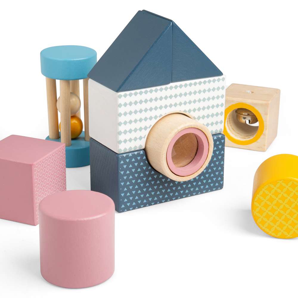 Bigjigs Toys Wooden Sensory Explorer Blocks Stacking Toy with 14 Play Pieces for Babies and Toddlers 18 Months Plus