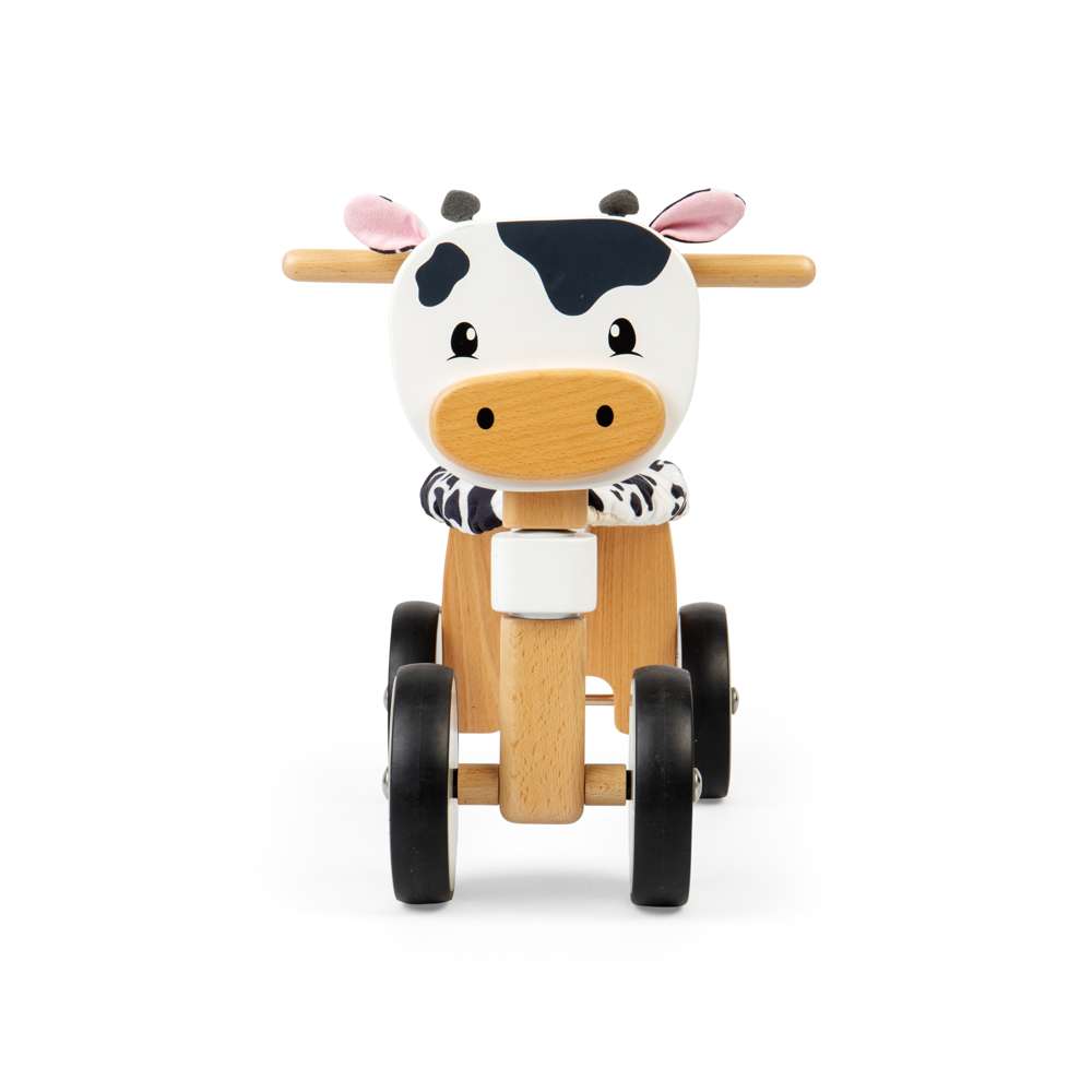 Bigjigs Toys Wooden Ride On Cow Toddler Push Along Toy with Fluffy Seat 18 Months Plus