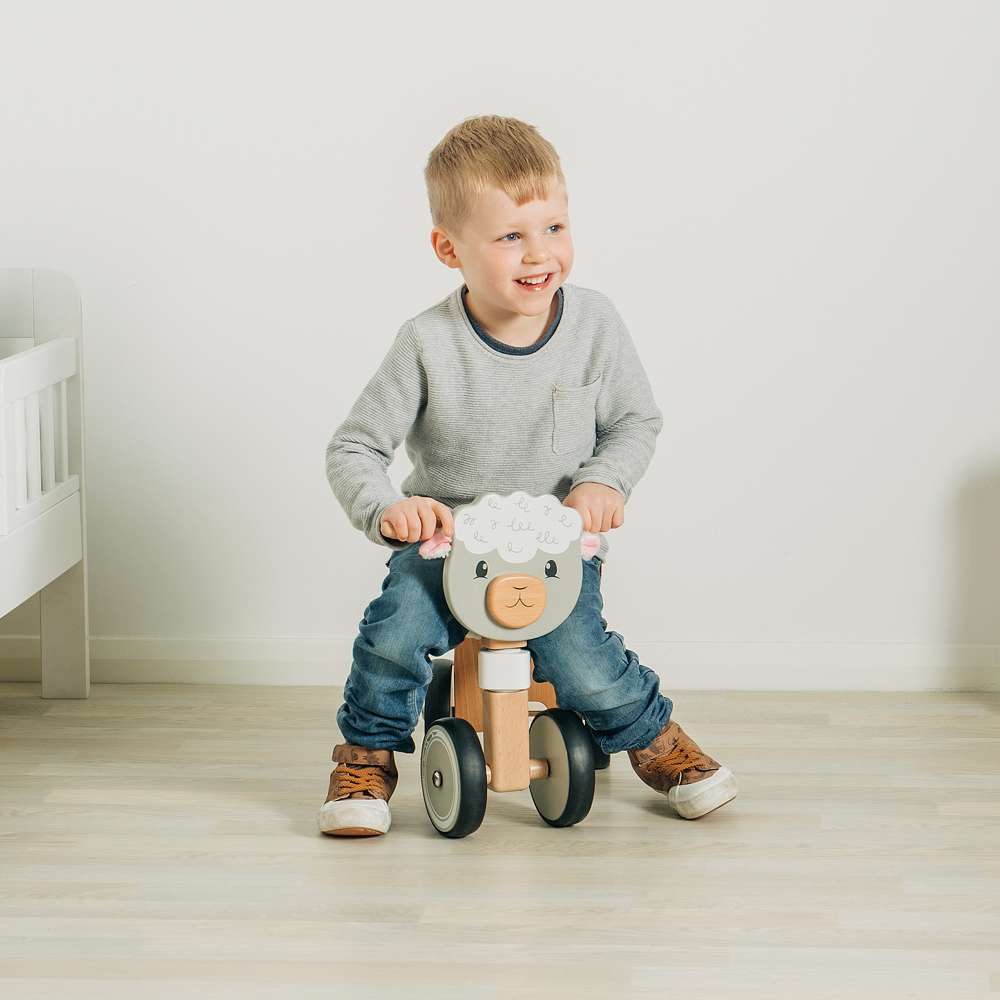Bigjigs Toys Wooden Sheep Ride On Toy with Fluffy Seat for Toddlers 18 Months Plus