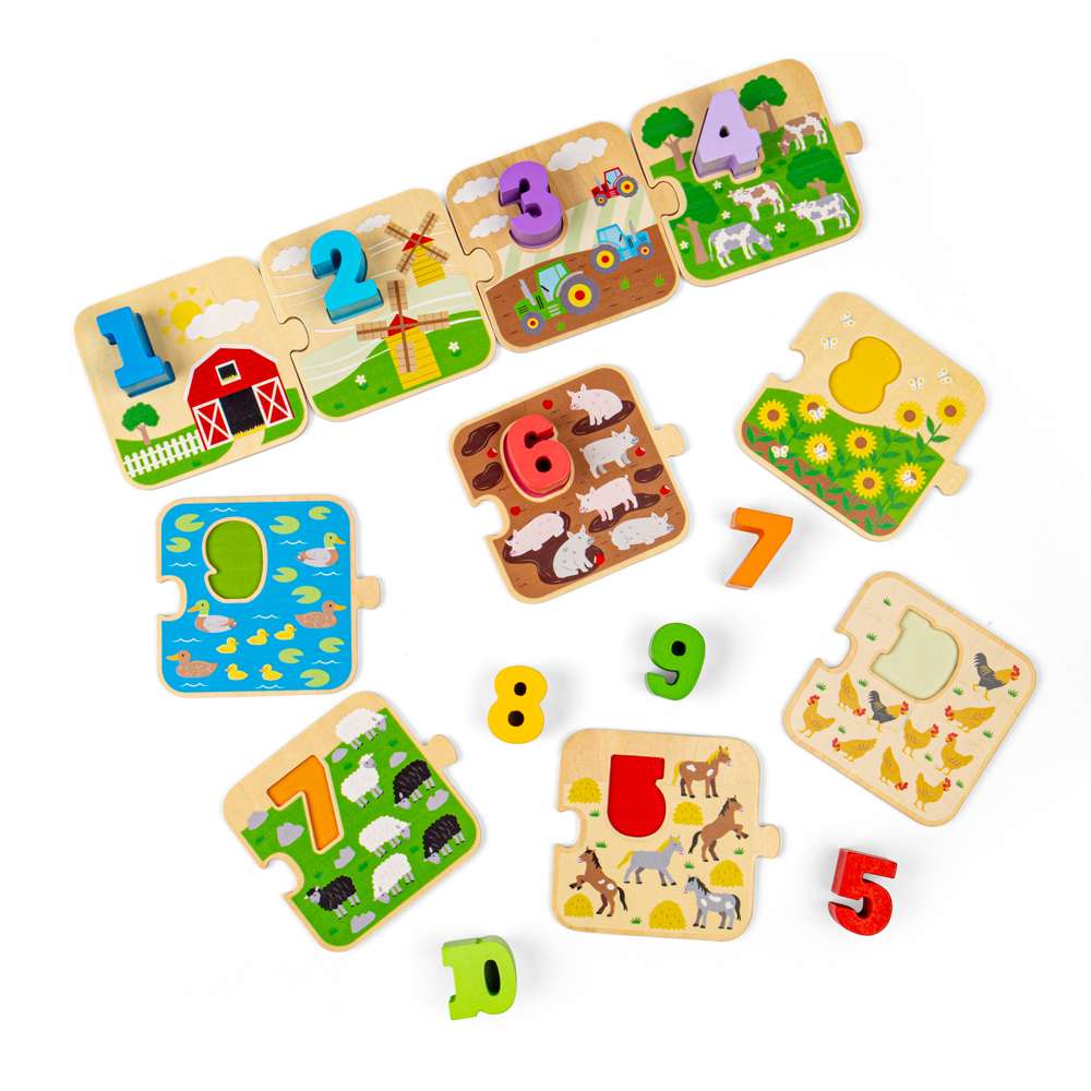 Bigjigs Toys 1-10 Tile Puzzle Wooden Educational Counting Toy for Toddlers 20 Pieces