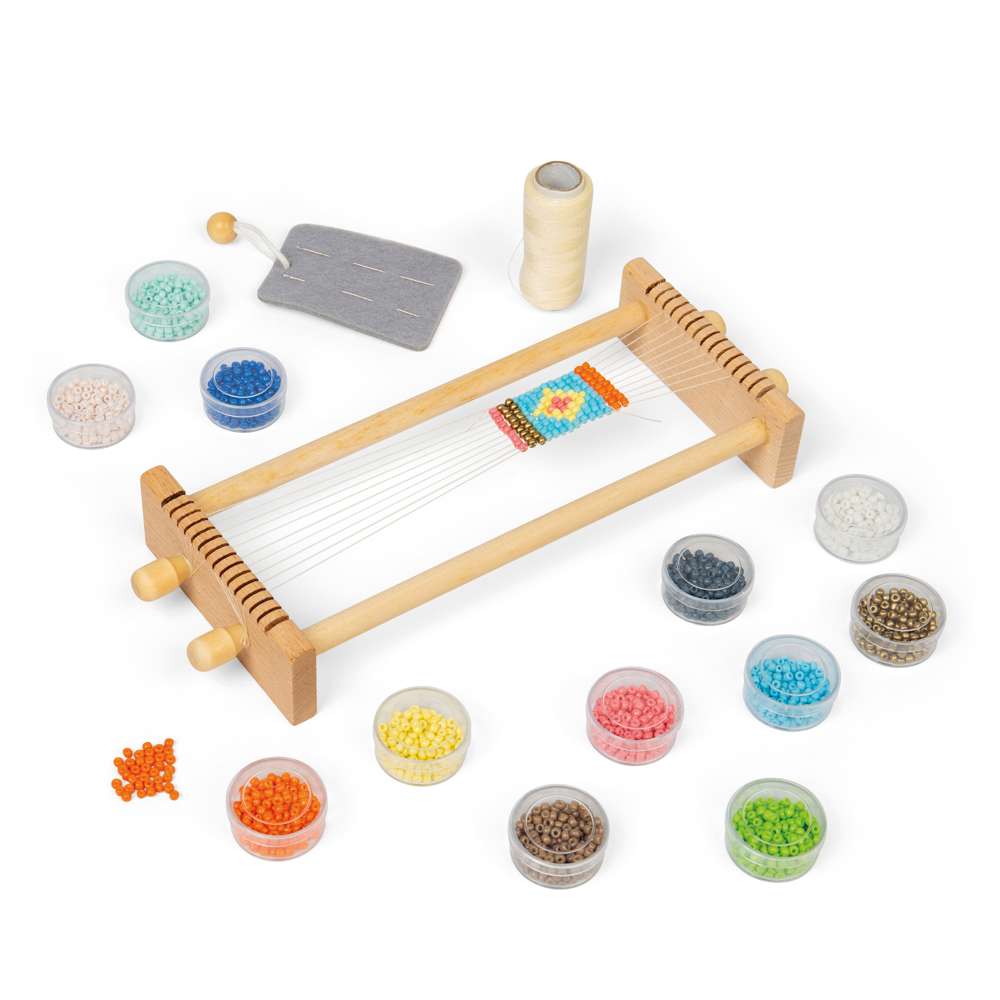 Bigjigs Toys Wooden Bead Weaving Loom Kit with 12 Bead Colours for Kids 3 Years Plus