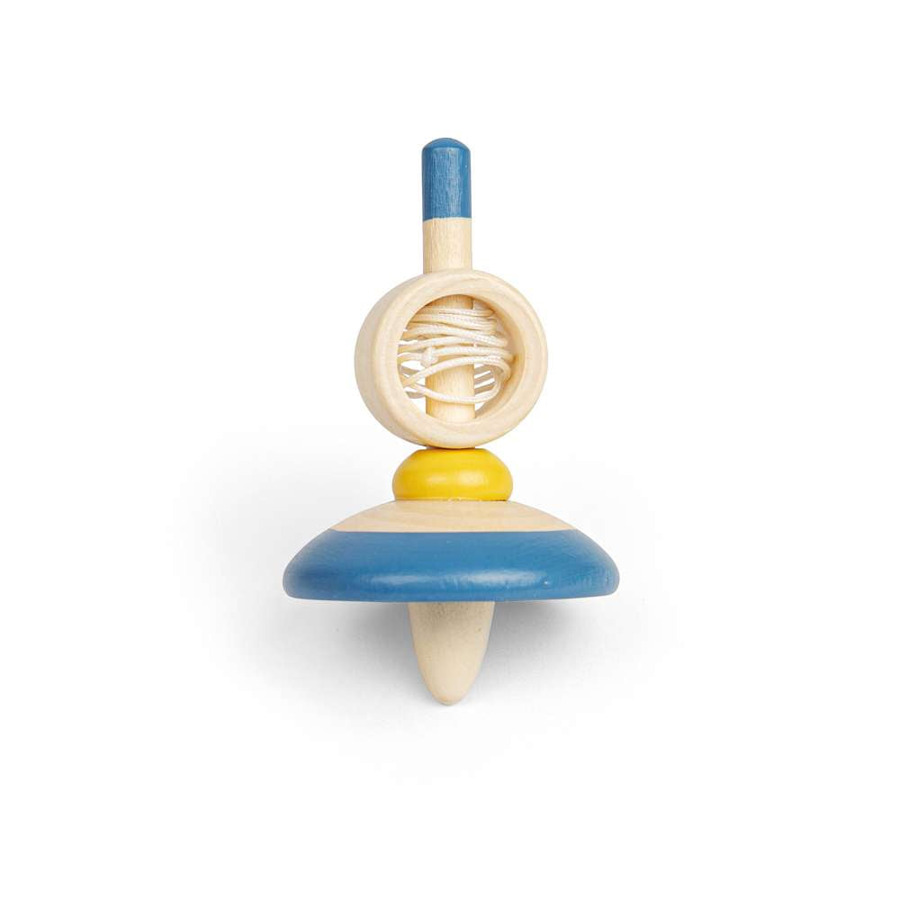 Bigjigs Toys Wooden Pull String Spinning Tops Pack of 2 Blue and Orange Traditional Toy