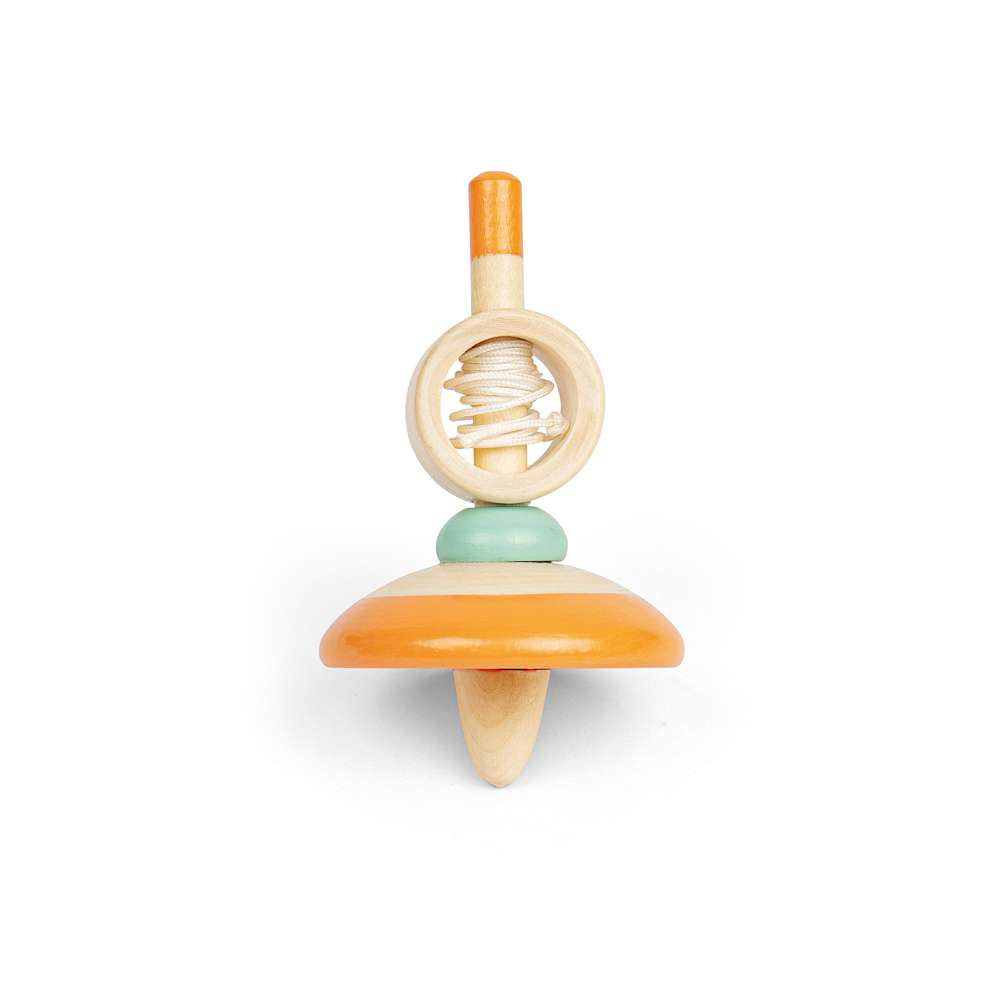 Bigjigs Toys Wooden Pull String Spinning Tops Pack of 2 Blue and Orange Traditional Toy