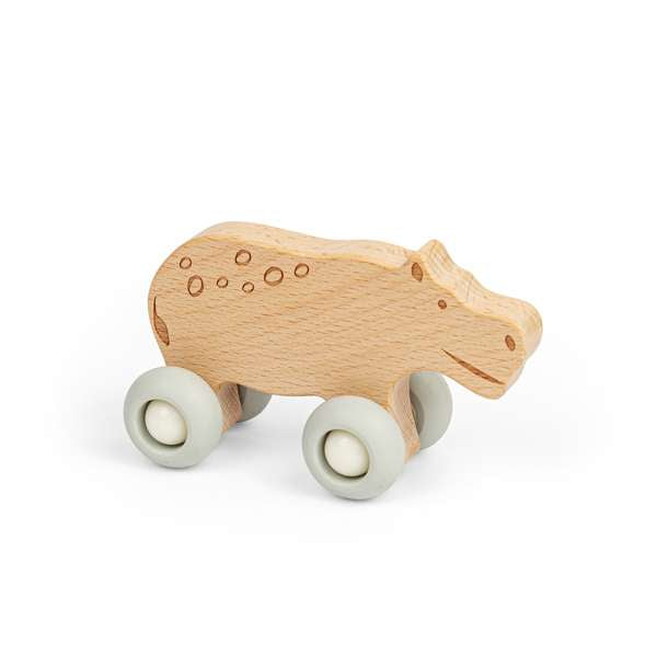 Bigjigs Toys Wooden Hippo Jungle Animal on Wheels Push Along Toy for Toddlers 12 Months Plus