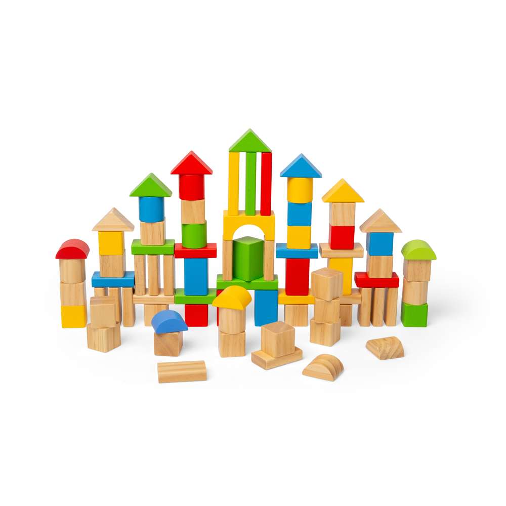 Bigjigs Toys First Building Bricks 80 Piece Wooden Baby Blocks Drum and Shape Sorter Lid