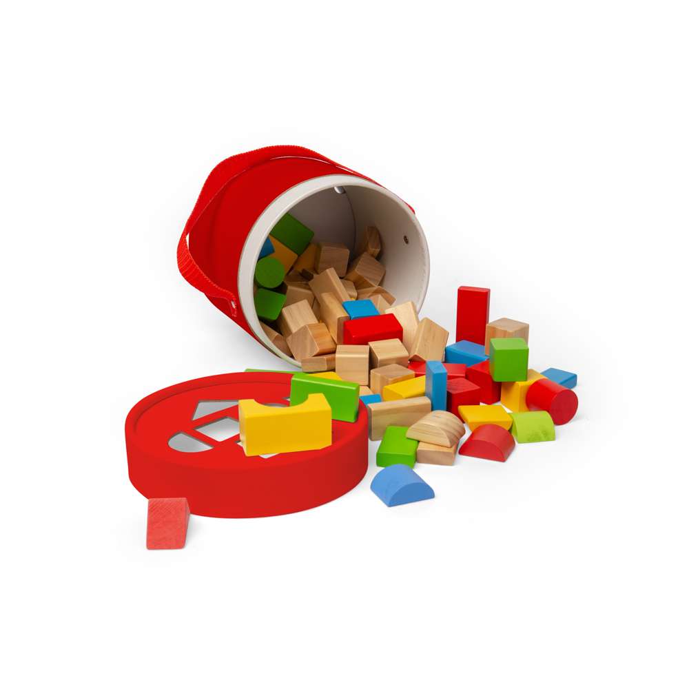 Bigjigs Toys First Building Bricks 80 Piece Wooden Baby Blocks Drum and Shape Sorter Lid