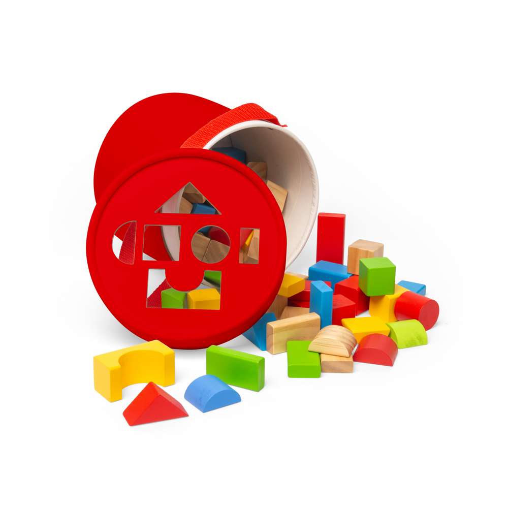 Bigjigs Toys First Building Bricks 80 Piece Wooden Baby Blocks Drum and Shape Sorter Lid