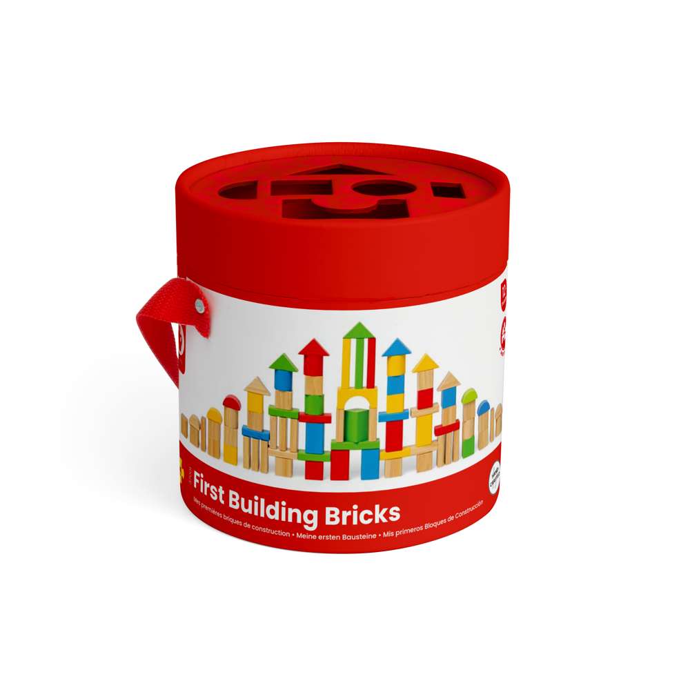 Bigjigs Toys First Building Bricks 80 Piece Wooden Baby Blocks Drum and Shape Sorter Lid