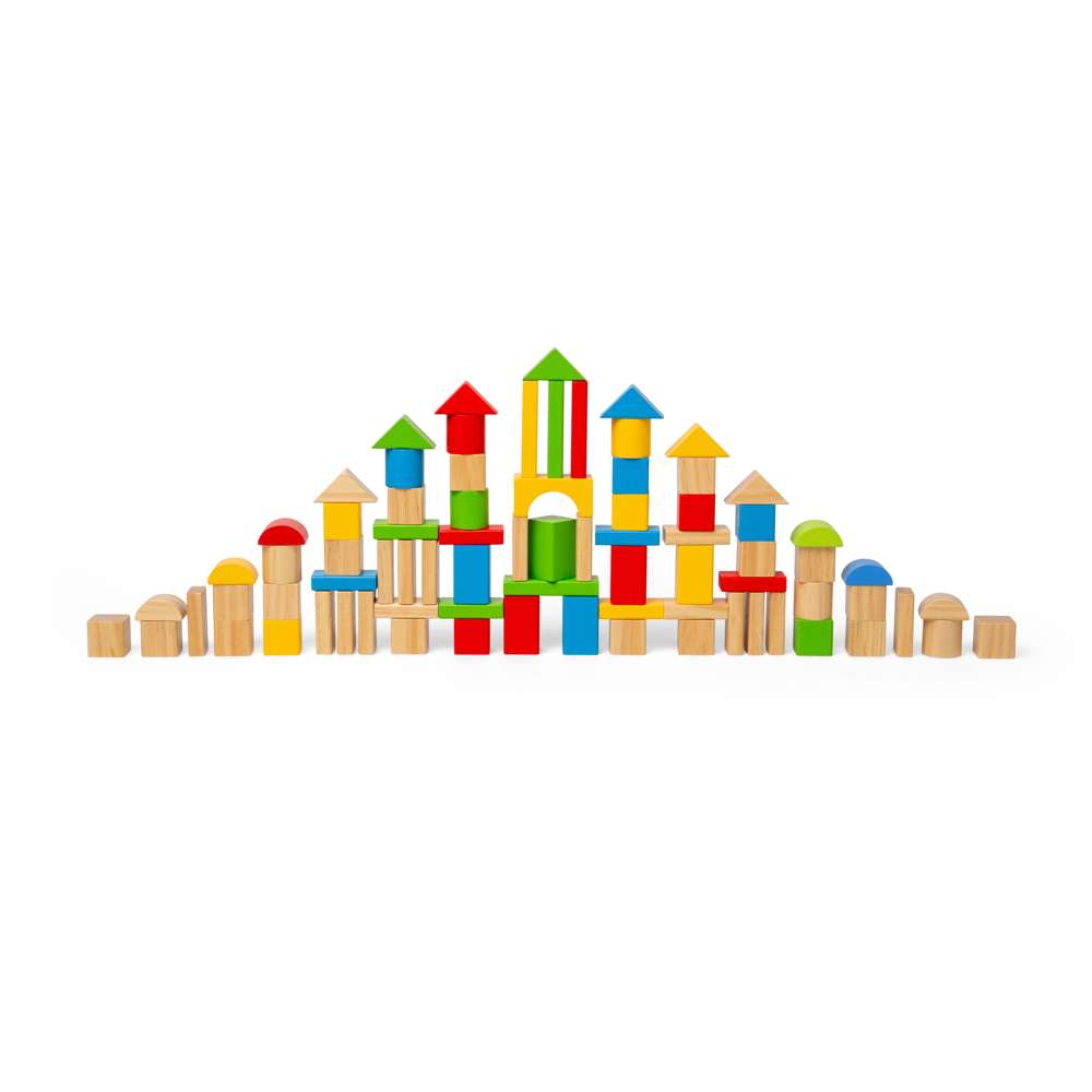 Bigjigs Toys First Building Bricks 80 Piece Wooden Baby Blocks Drum and Shape Sorter Lid