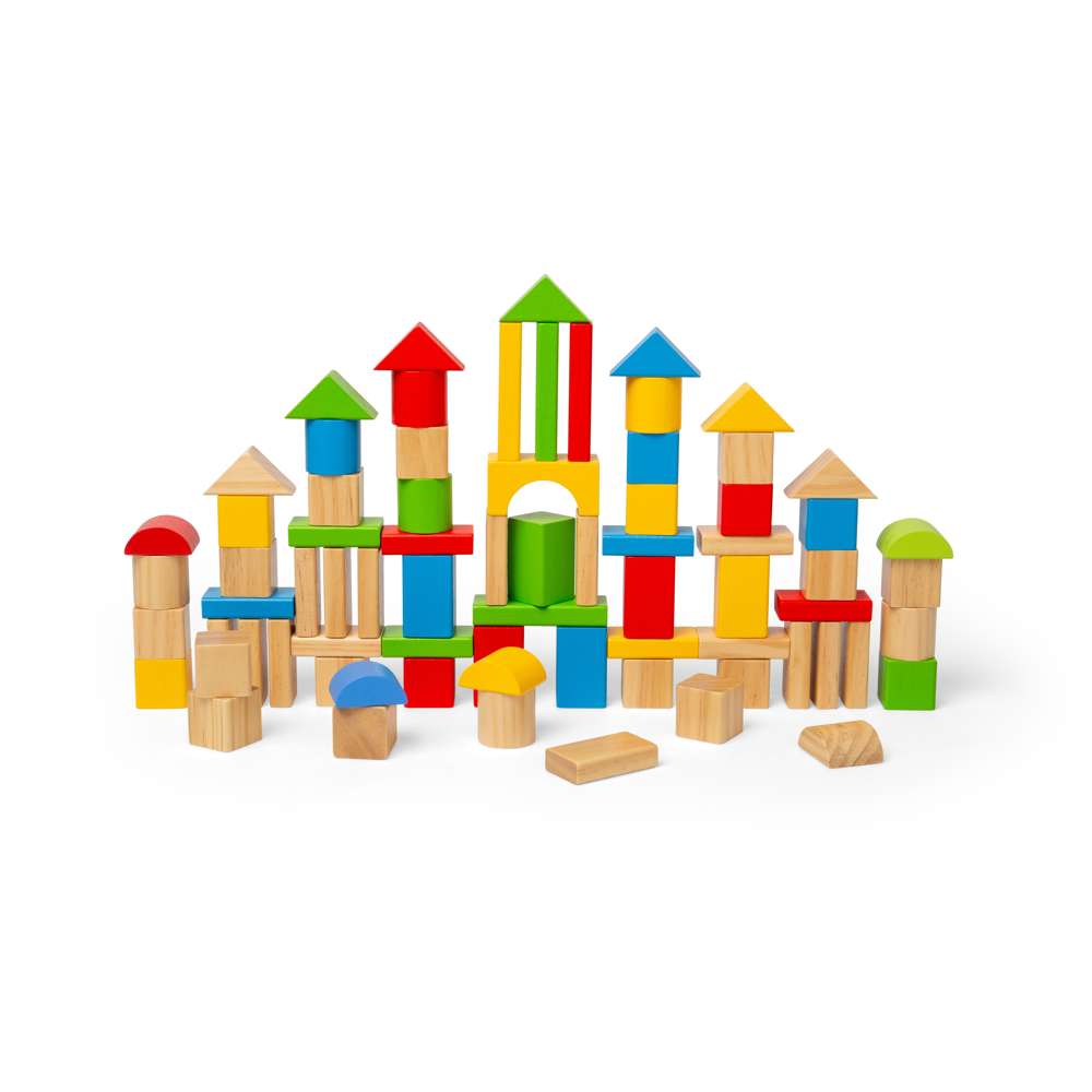 Bigjigs Toys First Building Bricks 80 Piece Wooden Baby Blocks Drum and Shape Sorter Lid