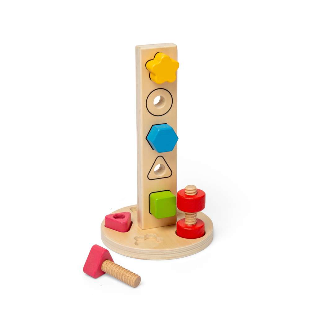 Bigjigs Toys Wooden Nuts and Bolts Tower Montessori Shape Sorting Toy 11 Pieces