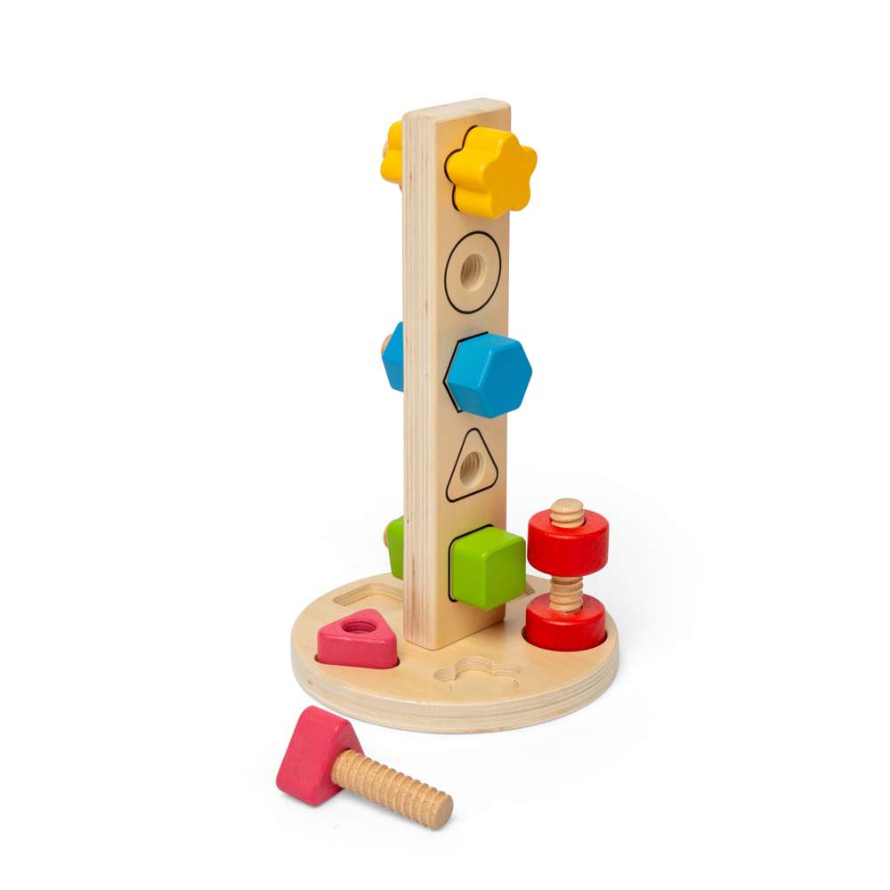 Bigjigs Toys Wooden Nuts and Bolts Tower Montessori Shape Sorting Toy 11 Pieces