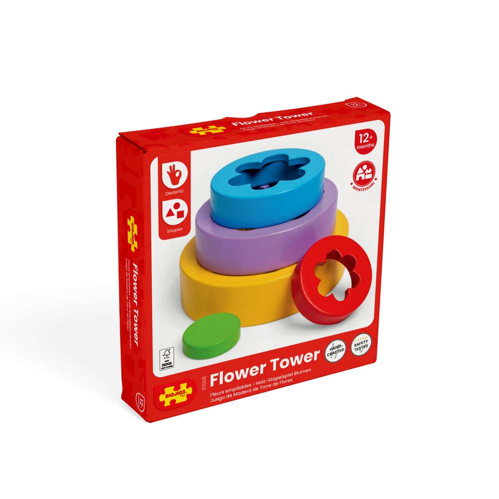 Bigjigs Toys Wooden Flower Tower Stacking and Nesting Toy for 12 Months Plus