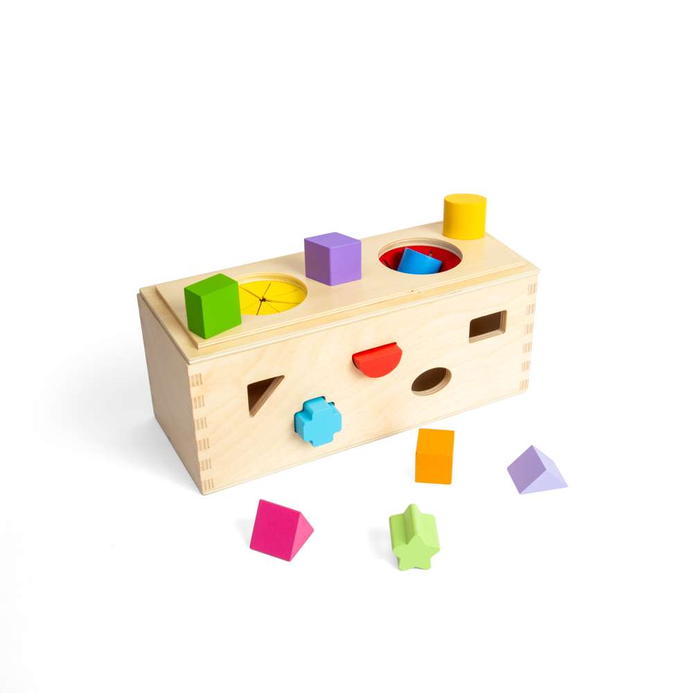 Bigjigs Toys Wooden Mystery Box Shape Sorter Sensory Toy with 10 Pieces